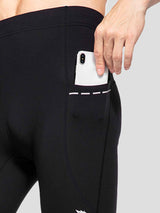 Men's black fleece-lined cycling tights with convenient side pocket holding phone. #color_Black