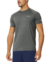 Grey baleaf men's short-sleeve performance running shirt with reflective tape #color_Gray