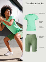 Everyday Active Set: Mint green quick-dry running shirt & olive Bermuda shorts.