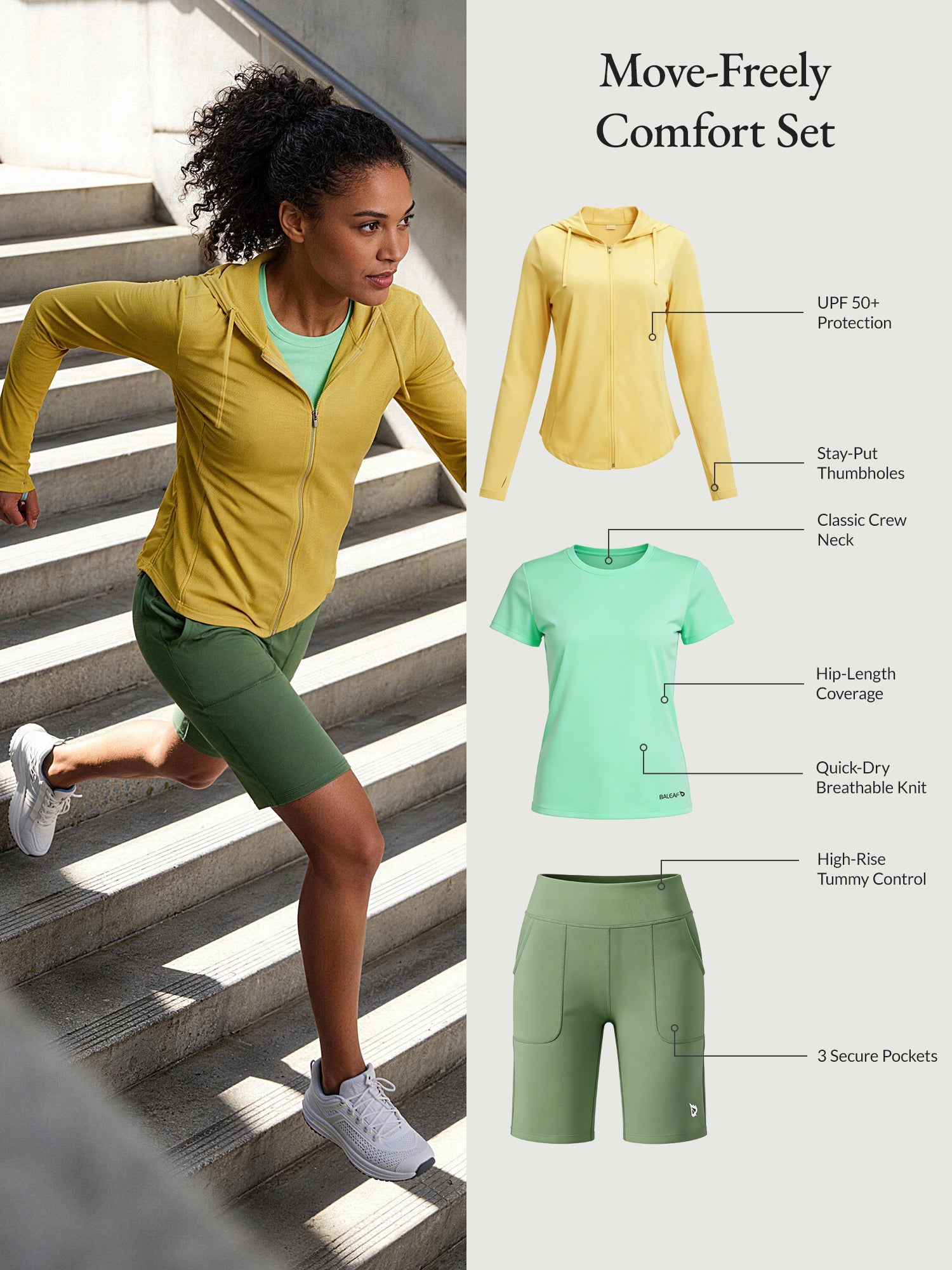 Move-Freely Comfort Set: women's yellow UPF jacket, mint quick-dry tee, olive high-rise shorts.