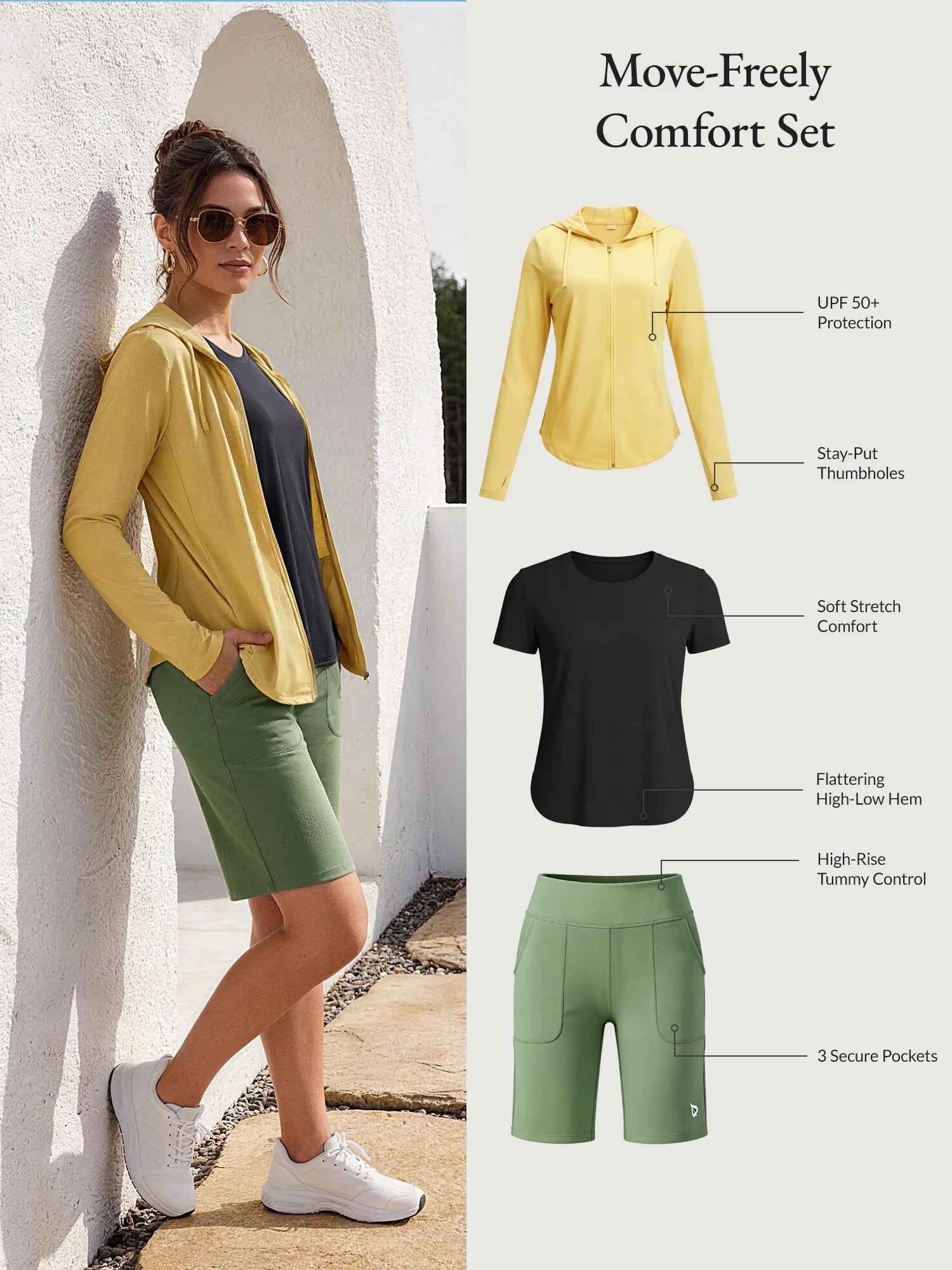 Move-Freely Comfort Set: Yellow UPF 50+ jacket, black tee, green Bermuda shorts.