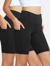 Two black Baleaf 7" high waist comfort shorts with pockets displayed side-by-side. #color_Black