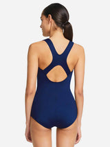 Navy blue women's athletic one-piece swimsuit with racerback straps and cutout back. #color_Navy Blue