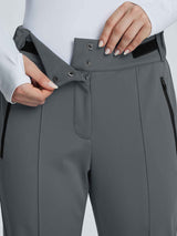 Grey soft-shell straight-leg ski pants showing adjustable velcro waistband and zipper fly. #color_Dark Gray