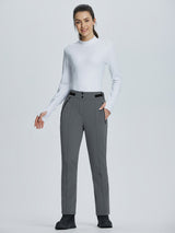 Model wearing grey soft-shell straight-leg ski pants with adjustable waistband and zip pockets. #color_Dark Gray