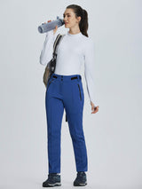 Women's blue soft-shell straight-leg ski pants with secure zippered pockets. #color_Navy Blue