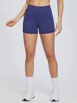 Navy blue women's 3" high-waisted compression biker shorts with pockets and a flat waistband. #color_Navy Blue
