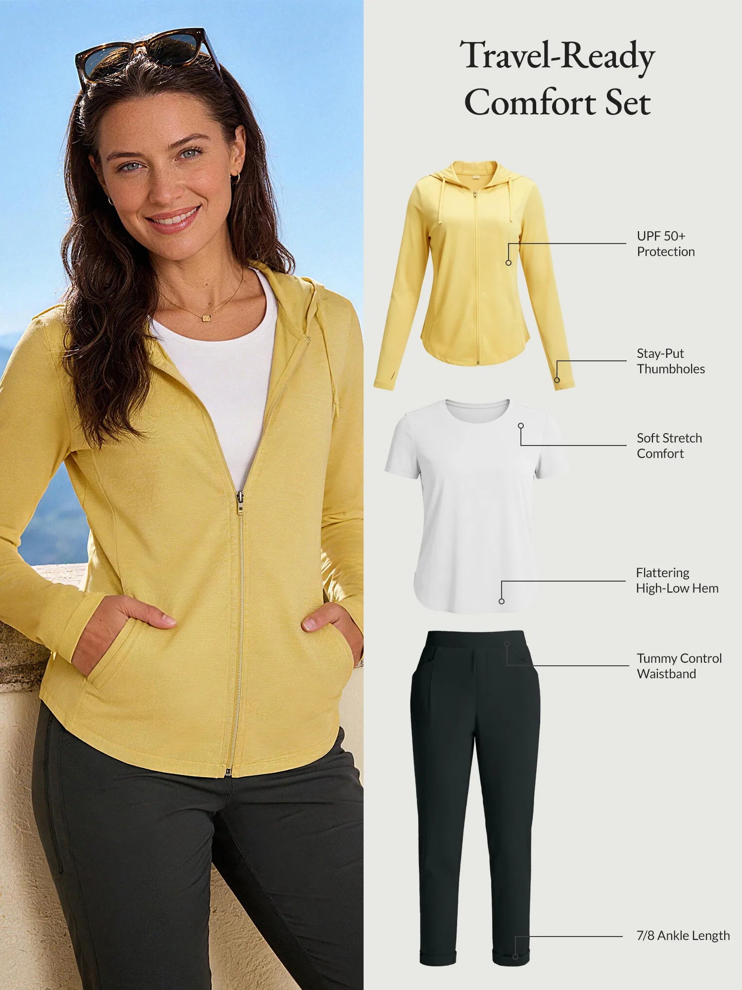 Travel-Ready Comfort Set: yellow UPF jacket, white tee, 7/8 grey tummy control trousers.
