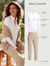 Smart casual set: white UPF 50+ half-zip tee and beige tummy control tapered trousers.