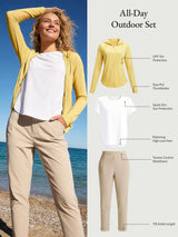 All-Day Outdoor Set: yellow UPF jacket, white quick-dry shirt, khaki trousers on beach.