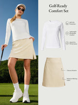 Golf-Ready Comfort Set: white UPF50+ sun shirt, beige skort with pockets, quick-dry.