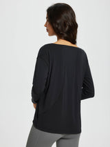 Black women's long-sleeve workout t-shirt with boat neck and loose fit. #color_Black