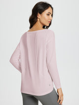 Women's pale pink long-sleeve workout shirt with boat neckline, loose fit, and scoop back hem. #color_Light Purple