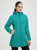 Teal women's mid-length quilted puffer jacket with hood and zippered pockets. #Color_Green