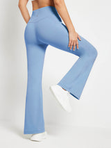 Light blue fleece yoga flare pants with high waist, V-seam, and pocket detail #color_Light Blue