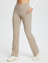 Laureate women's 29" beige crossover high-waisted flare yoga pants with pockets. #color_Khaki