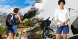 Women wearing blue outdoor shorts while hiking and camping
