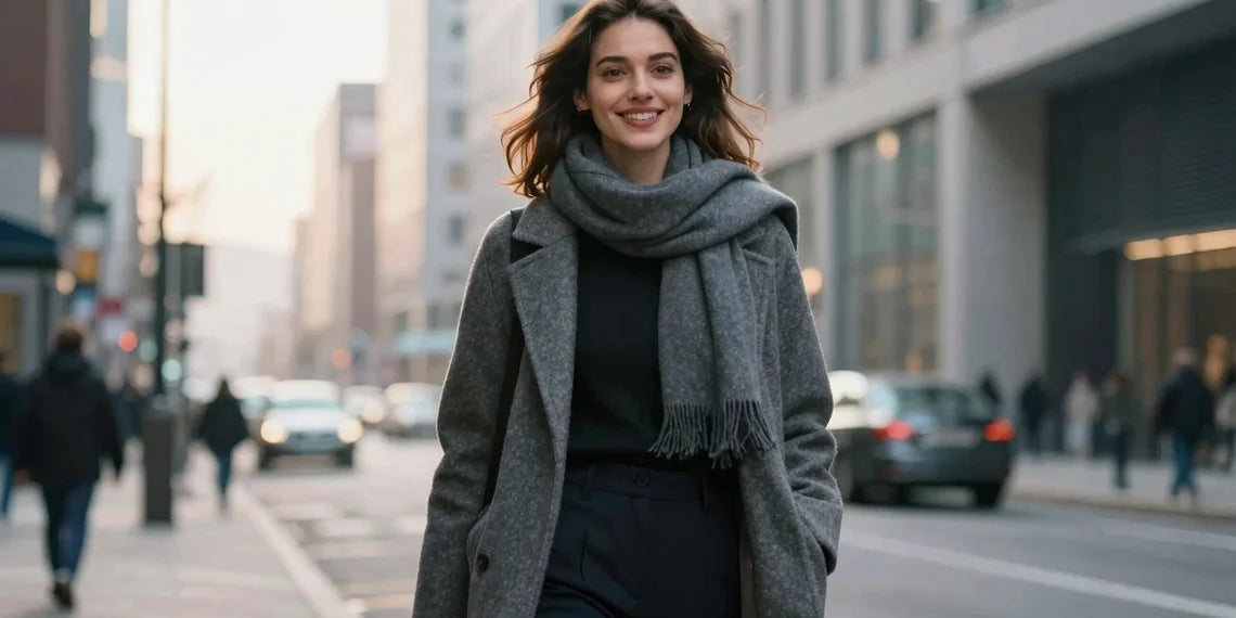 confident woman wearing baleaf flyleaf tapered trousers walking in winter city street