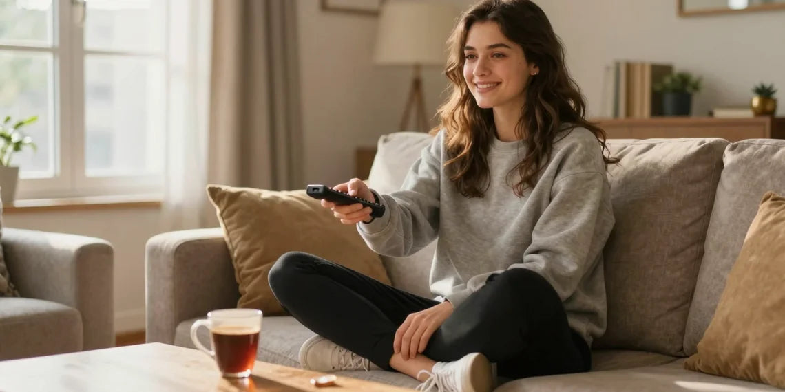 Young woman in joggers on sofa, cozy living room, joggers vs sweatpants
