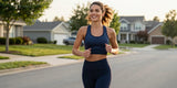 Active mom running with her chihuahua puppy wearing premium fitness gifts for active moms.