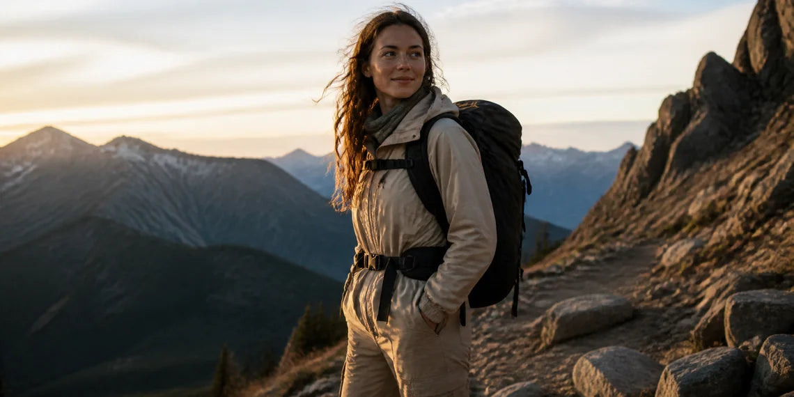 Woman hiker wearing hiking pants with a backpack on a mountain trail