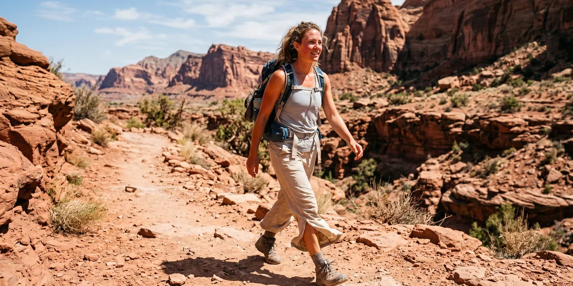 Woman hiker in light pants walking through a sunny red rock canyon