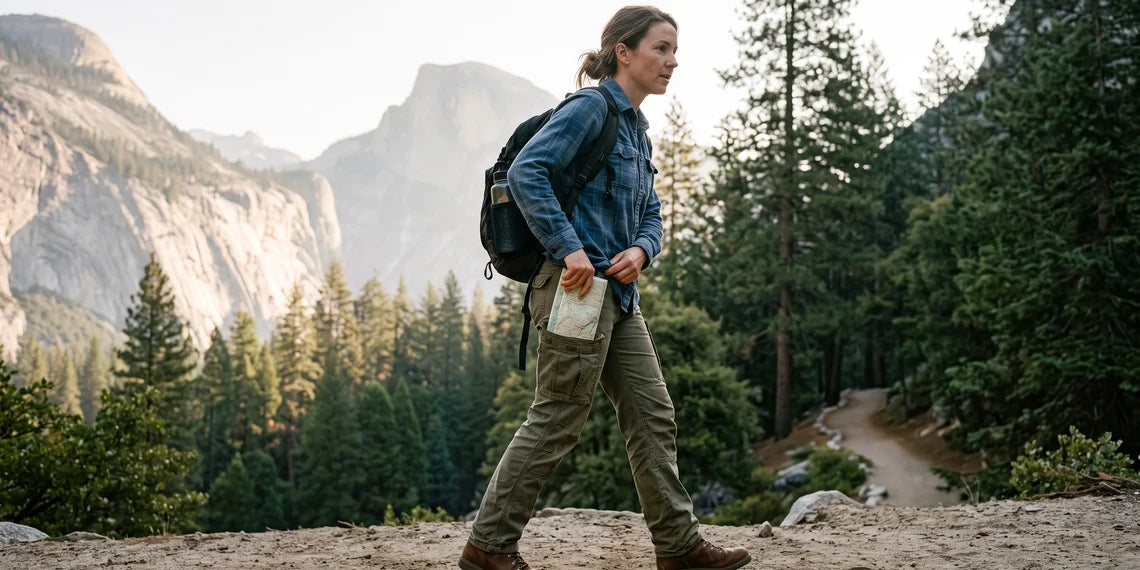 Woman in cargo hiking pants holding a map on a mountain trail
