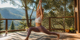 Woman in yoga leggings holding a lunge pose on a wooden outdoor deck