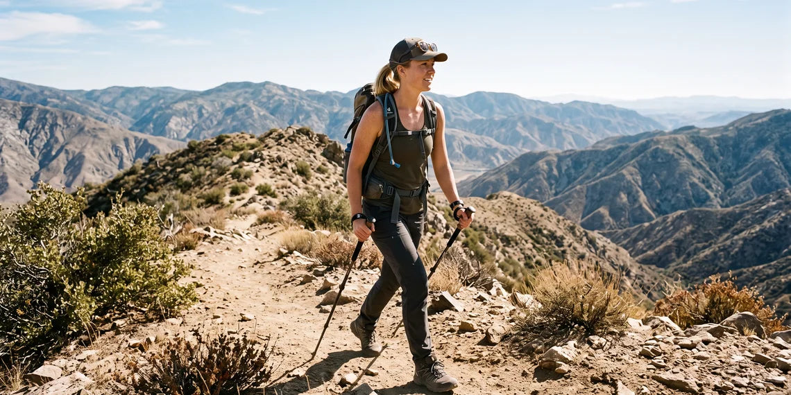 Woman hiker in dark hiking pants walking with trekking poles on a rocky mountain trail