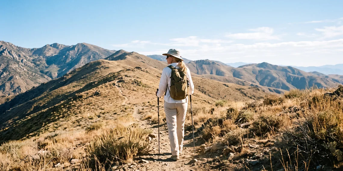 Woman hiker with backpack and trekking poles walking along a mountain trail