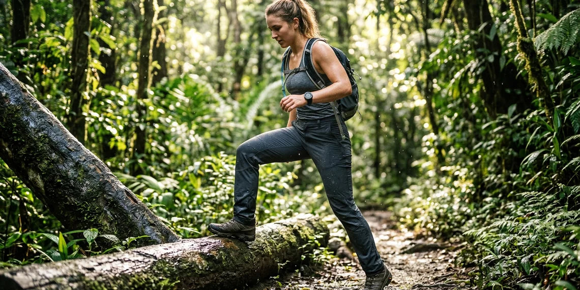 Woman hiker stepping over a fallen log on a lush forest trail