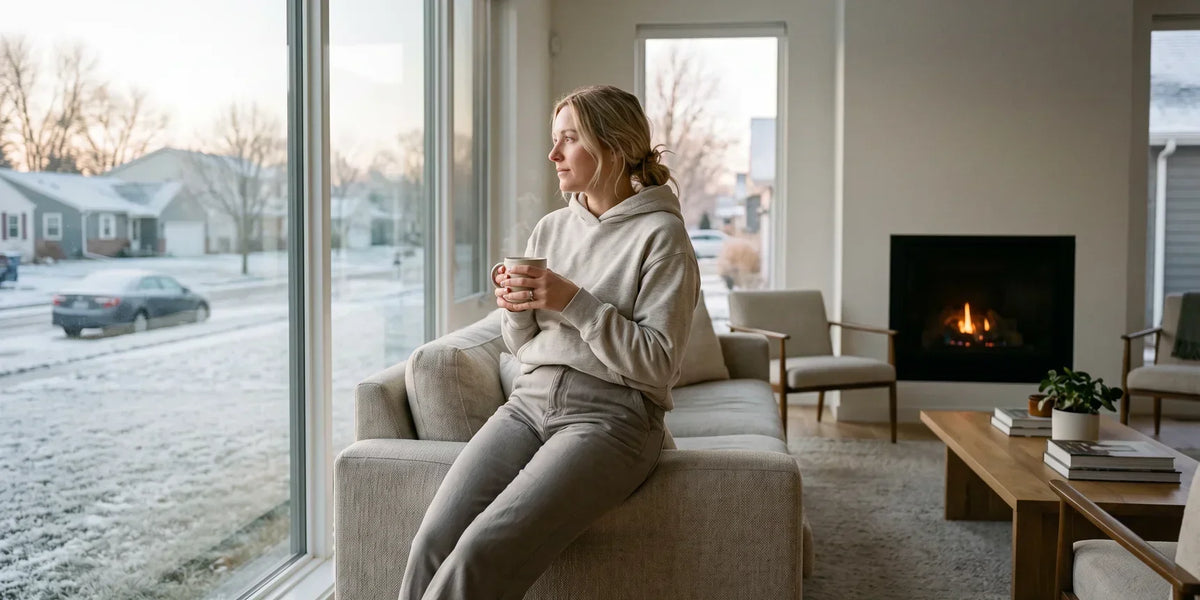 Woman wearing gray sweatpants and a light beige hoodie, sitting on the arm of a sofa by a large window, holding a mug and looking out at a snowy neighborhood.