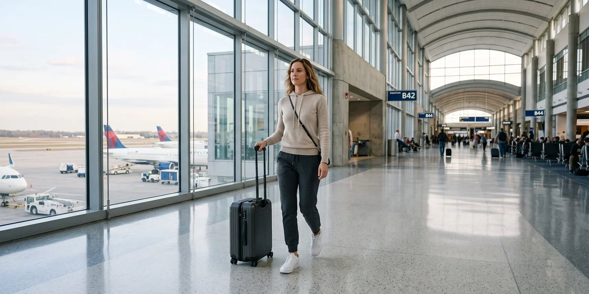 Woman wearing dark joggers, a light gray top, and white sneakers, pulling a carry-on suitcase through an airport terminal.