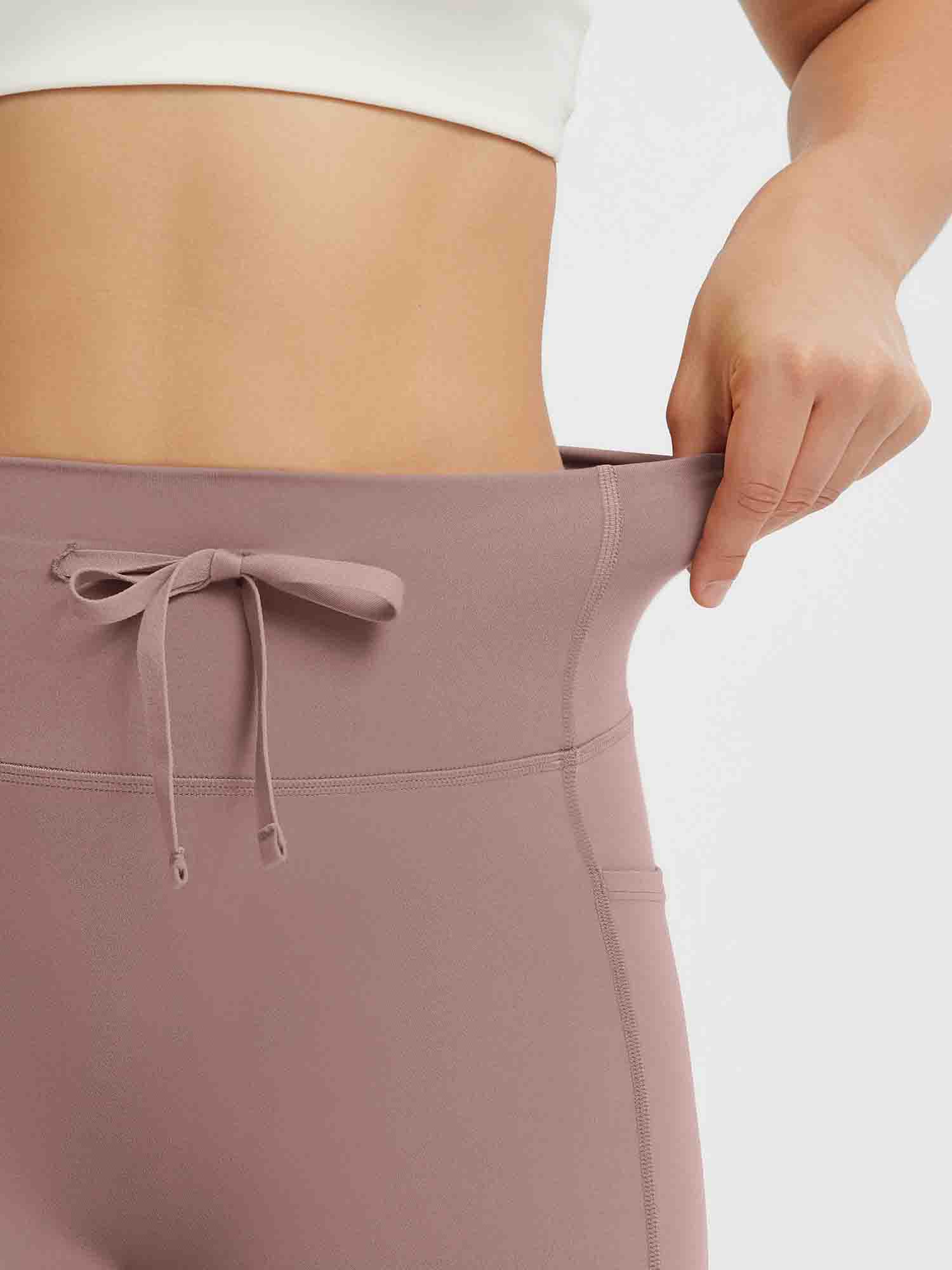 All-Season dusty rose high-waist yoga pants featuring drawstring and side pocket. #Color_Brown