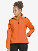 Orange women's waterproof cycling rain jacket with Baleaf logo and zippered pockets. #color_Orange