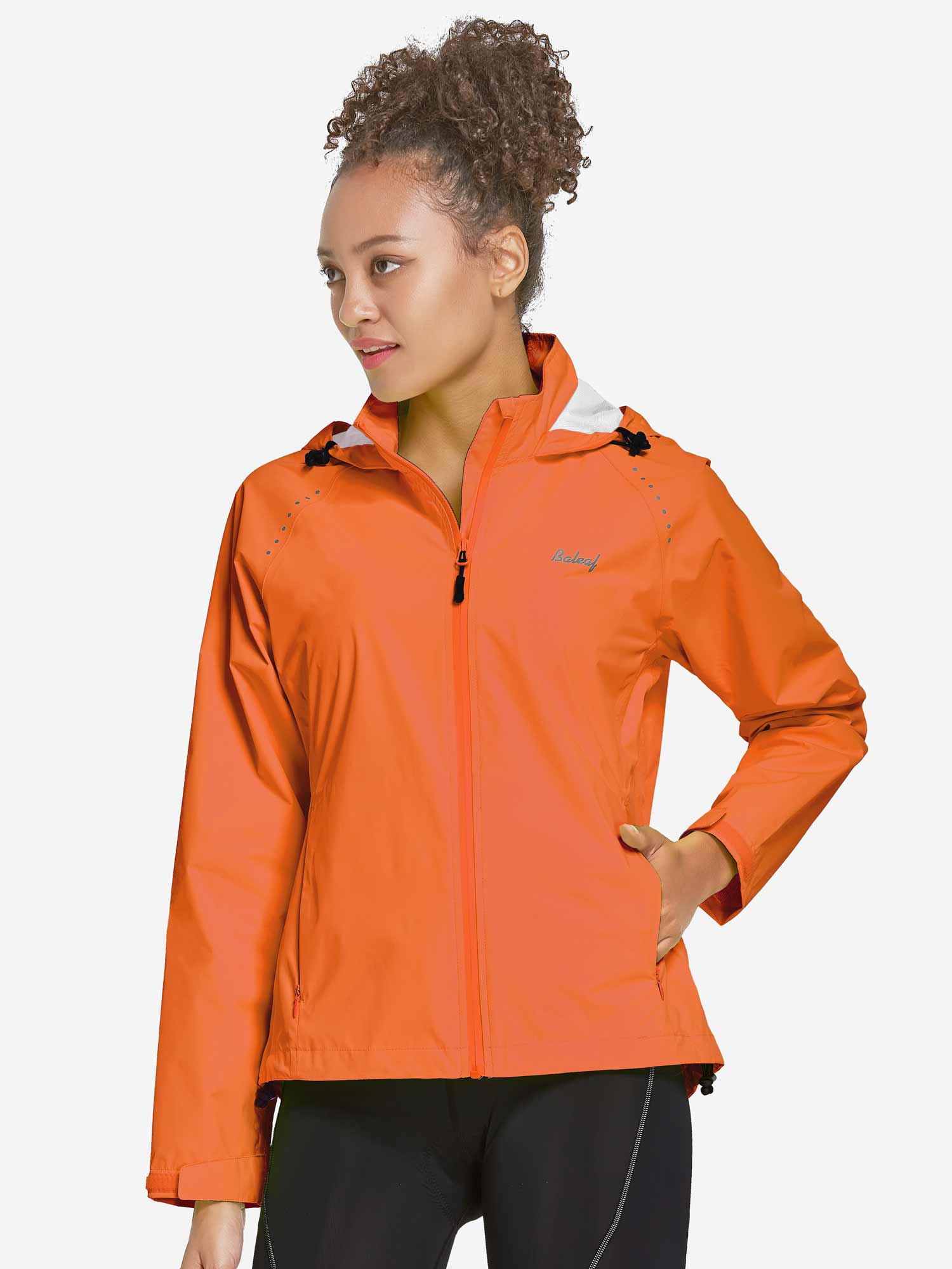 Orange Baleaf women's waterproof cycling rain jacket with hood and zippered pockets #color_Orange