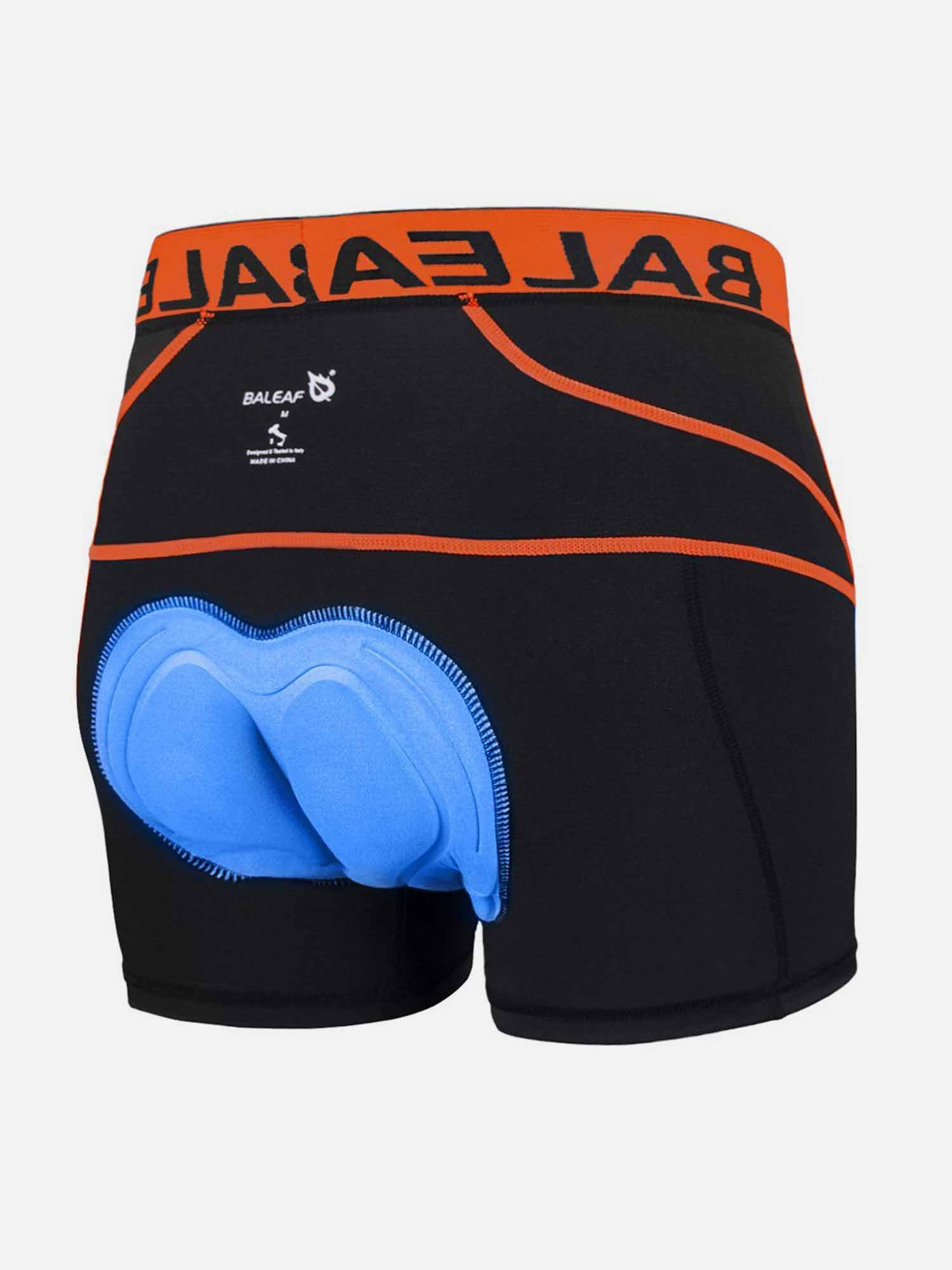 BALEAF men's black 3D padded cycling shorts with blue insert and orange waistband. #color_Orange