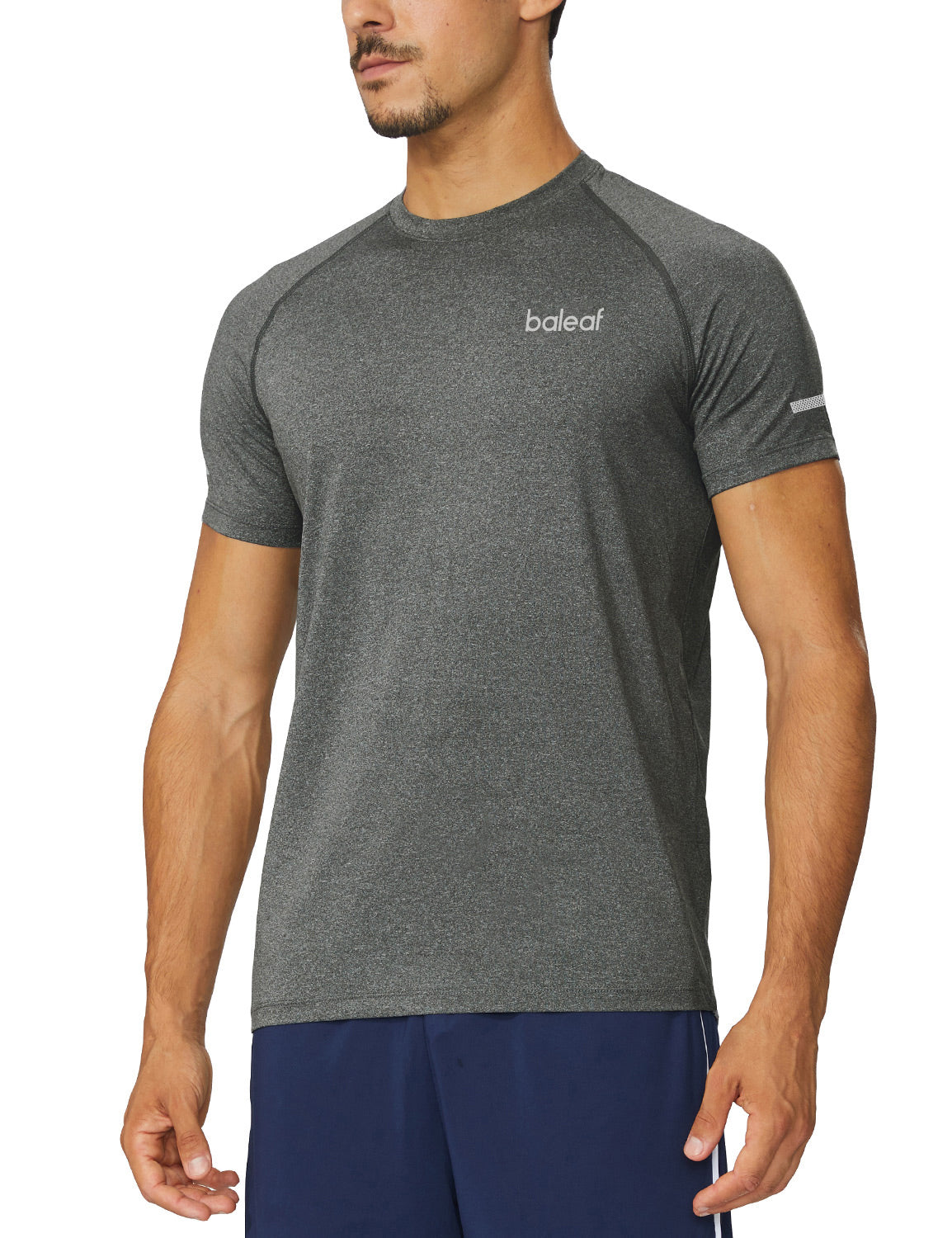 Grey baleaf men's short-sleeve performance running shirt with reflective tape #color_Gray