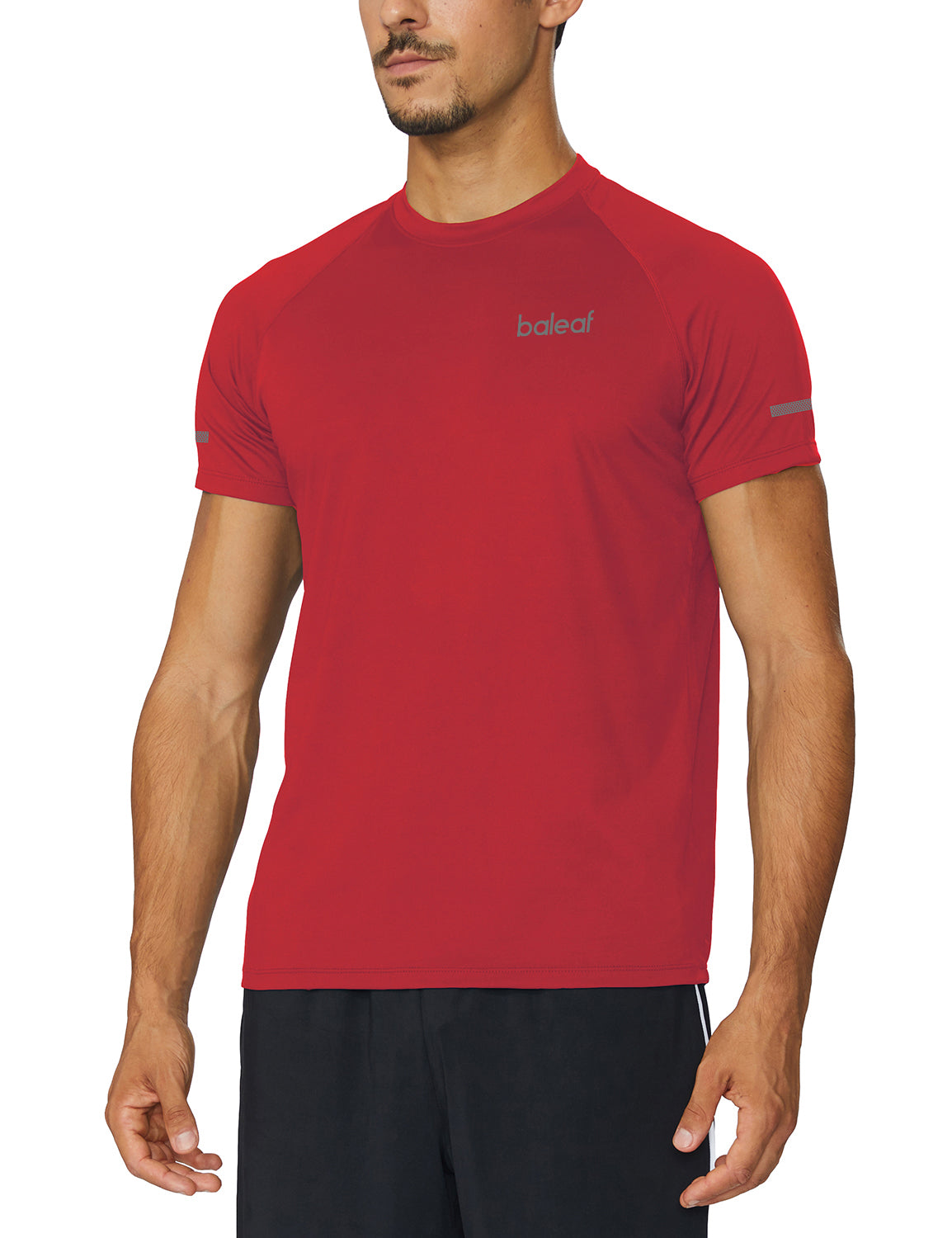 Baleaf red men's short-sleeve running shirt with reflective tape detail. #color_Red