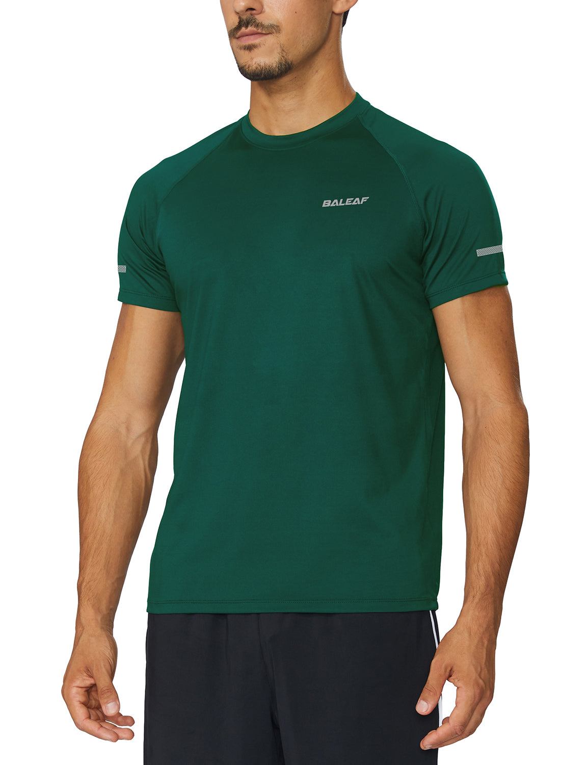 Men's BALEAF short-sleeve running shirt, dark green, quick-dry fabric, reflective tape. #color_Dark Green