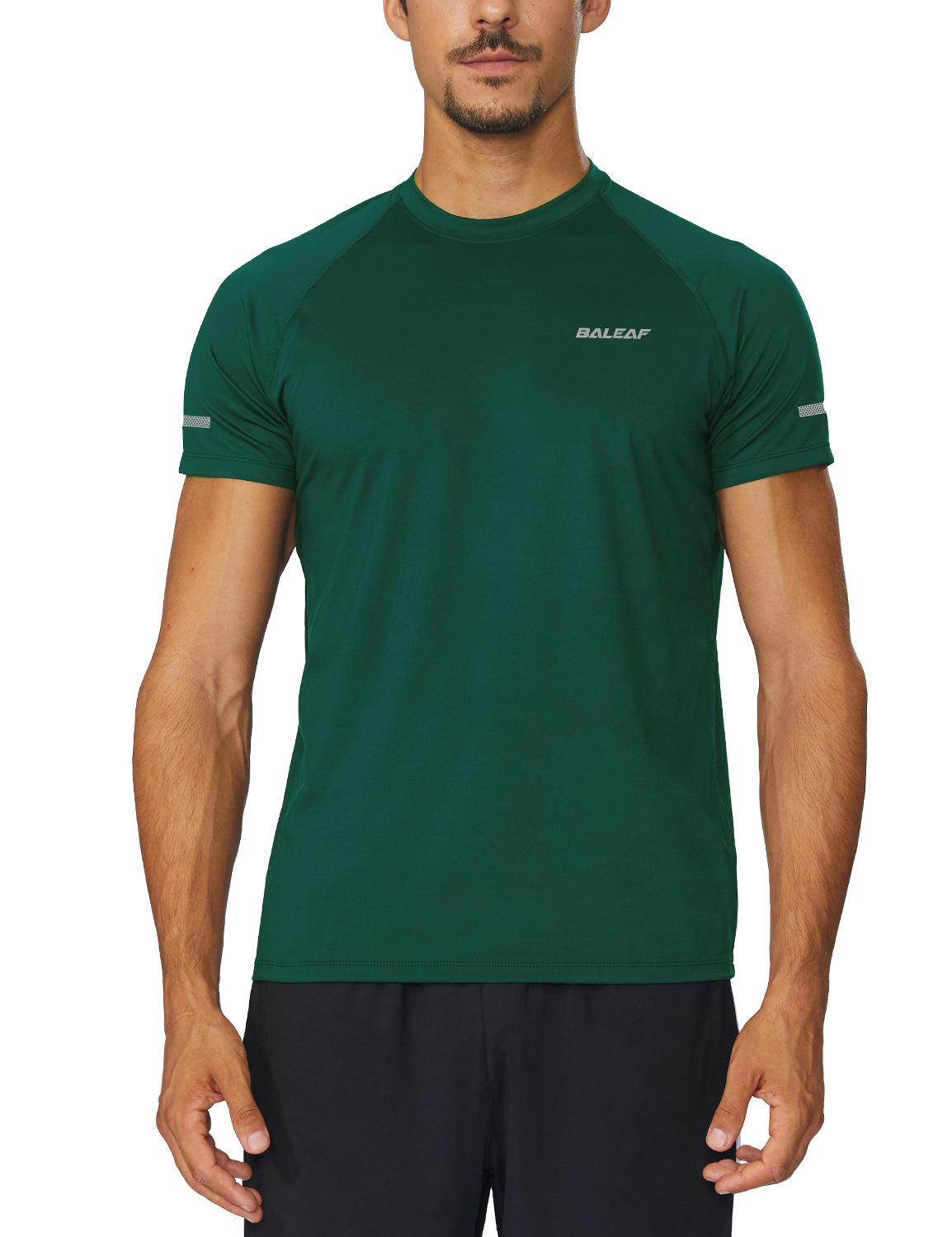 BALEAF men's dark green short-sleeve running shirt with reflective tape and moisture-wicking fabric.
