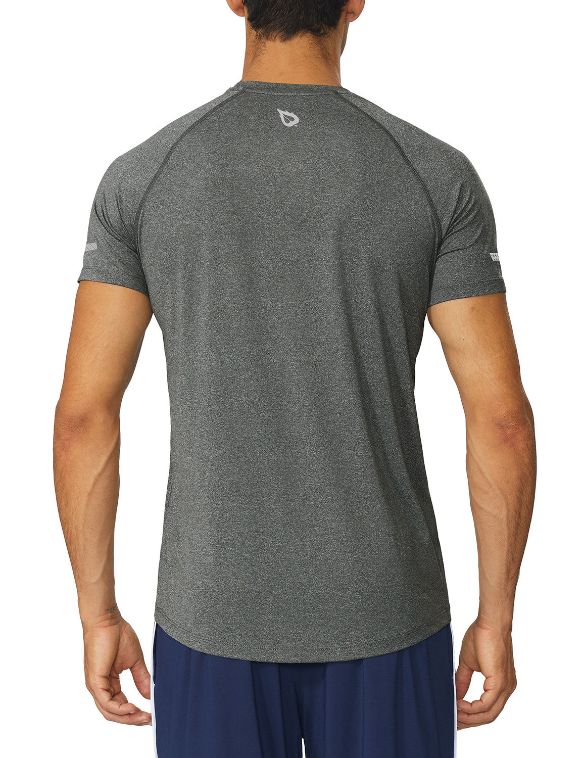 Men's grey heather short-sleeve running shirt, back view, raglan sleeves, reflective details.