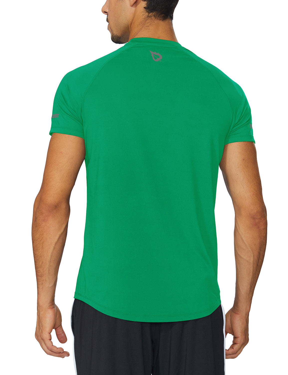 Green men's breathable short-sleeve running shirt, back view, with raglan sleeves and reflective accents.