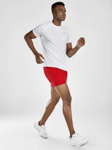 Red men's 5-inch running shorts with white athletic t-shirt #color_Red