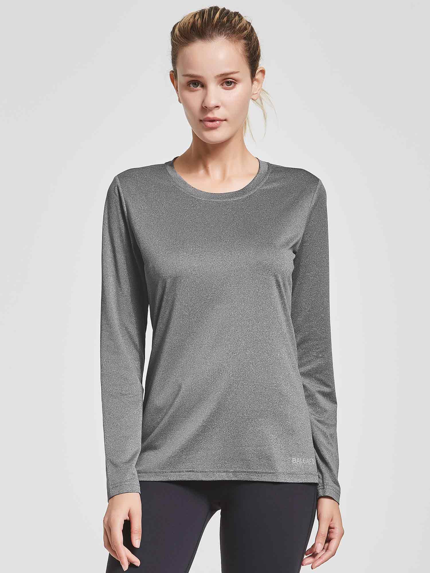 Women's heather grey long-sleeve running shirt, UPF 50+, quick-dry performance fabric. #color_Heather Gray