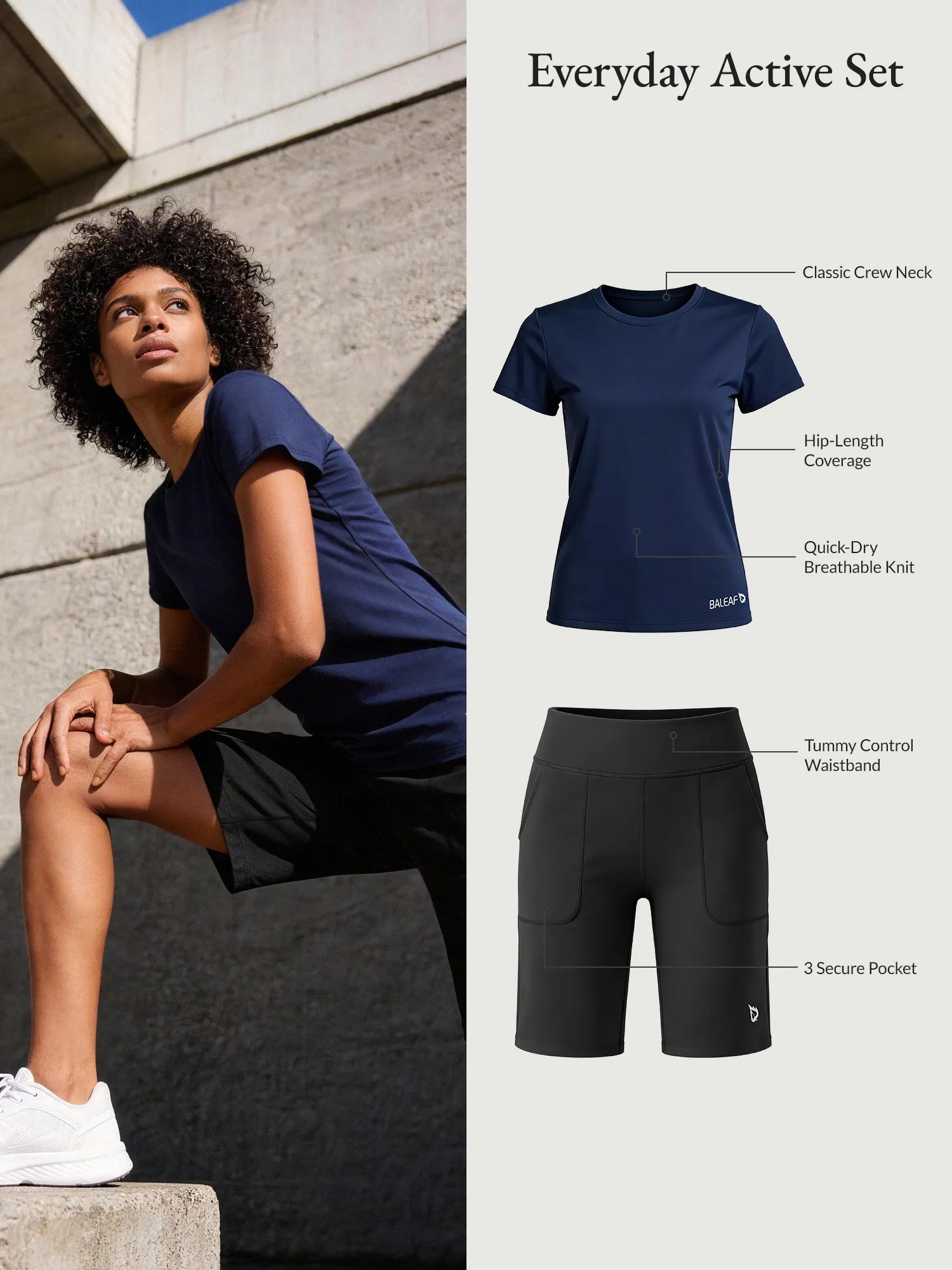 Baleaf women's everyday active set: navy quick-dry t-shirt and black Bermuda shorts with tummy control. 