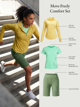 Move-Freely Comfort Set: women's yellow UPF jacket, mint quick-dry tee, olive high-rise shorts.