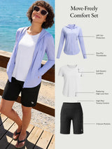 Move-Freely Comfort Set: UPF 50+ jacket, tee, shorts for running & travel.