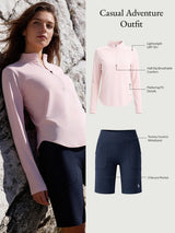 Pink UPF 50+ adventure top and navy Bermuda shorts with tummy control waistband.