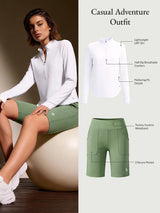 Casual Adventure Outfit: white UPF 50+ half-zip tee & green Bermuda shorts with tummy control.
